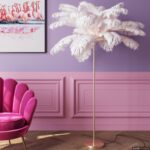 LAMPĂ DE PODEA CU BAZA AURIE ȘI PENE ALBE FEATHER PALM 165 CM
