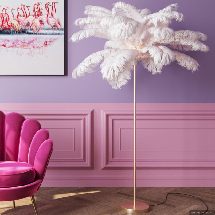 LAMPĂ DE PODEA CU BAZA AURIE ȘI PENE ALBE FEATHER PALM 165 CM