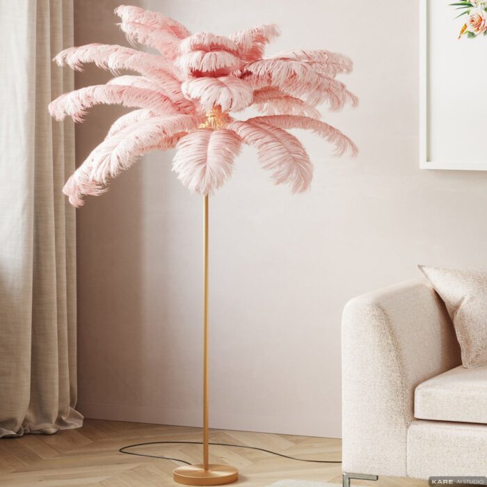 LAMPĂ DE PODEA CU BAZA AURIE ȘI PENE ROZ FEATHER PALM 165 CM